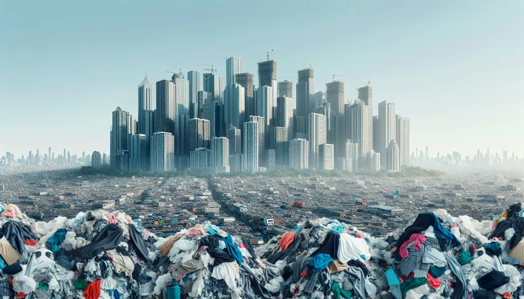 Fast fashion waste piling up in urban settings.