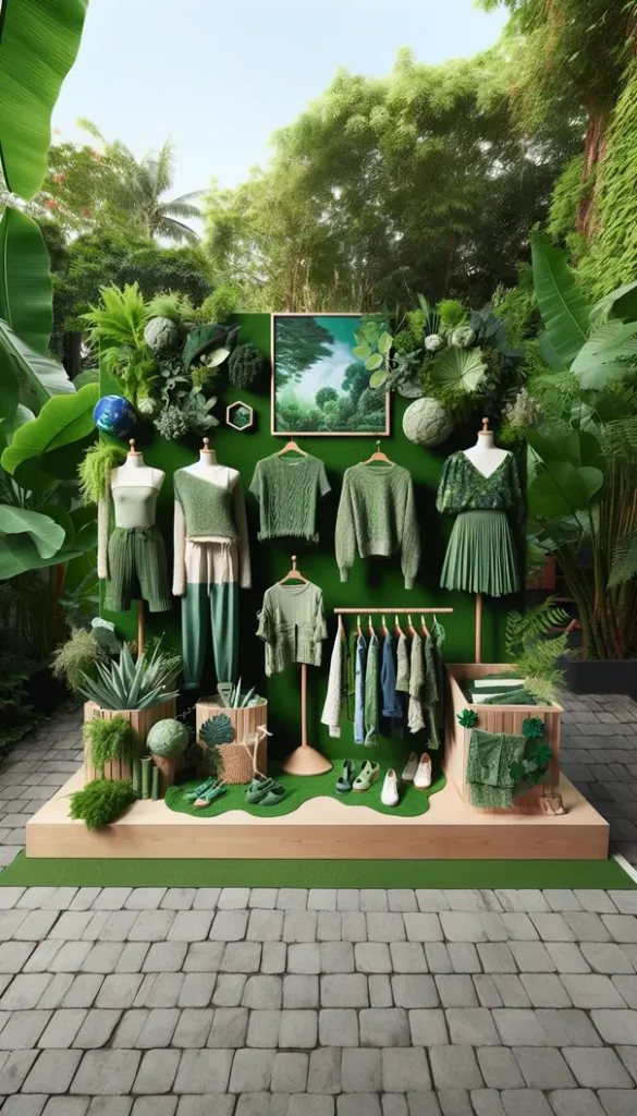Fashion items made from sustainable materials displayed with green plants in the background.