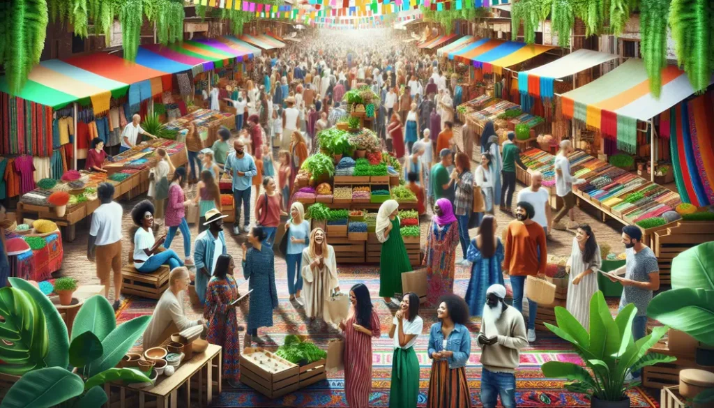 People shopping at a sustainable fashion marketplace.