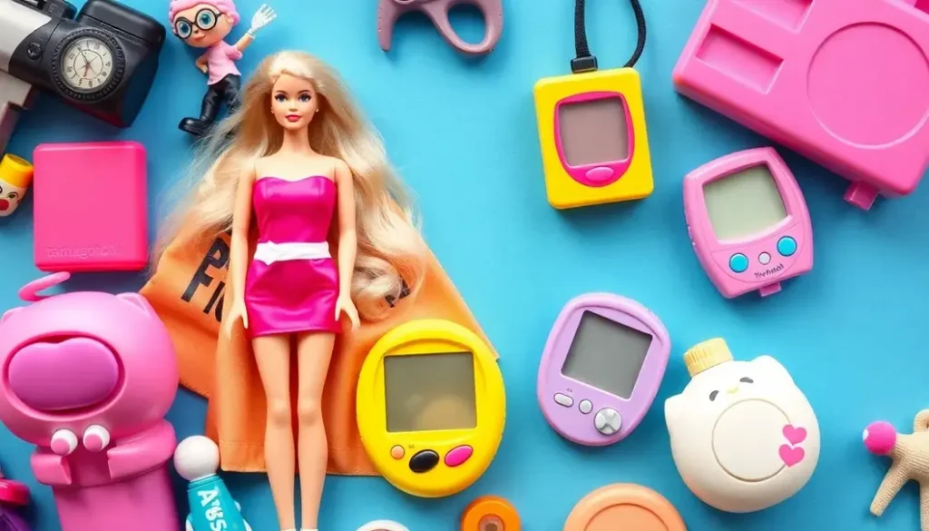Collage of 90s iconic toys including Barbie and Tamagotchi, representing their influence on fashion.