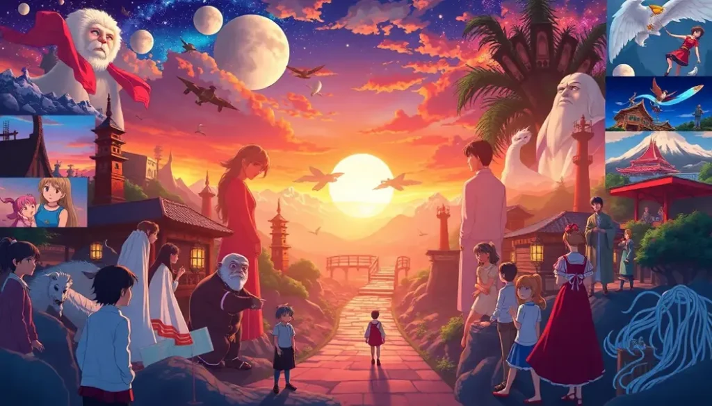 Collage of anime scenes with diverse characters and landscapes.