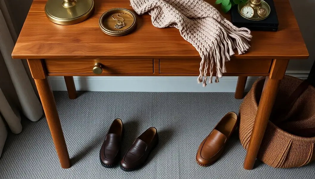 Neutral-toned home office outfit emphasizing natural textures and serene colors.