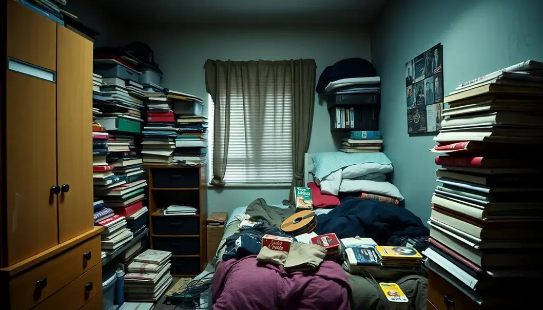 An overwhelming clutter overtakes a shared dorm room, making student life unbearable.