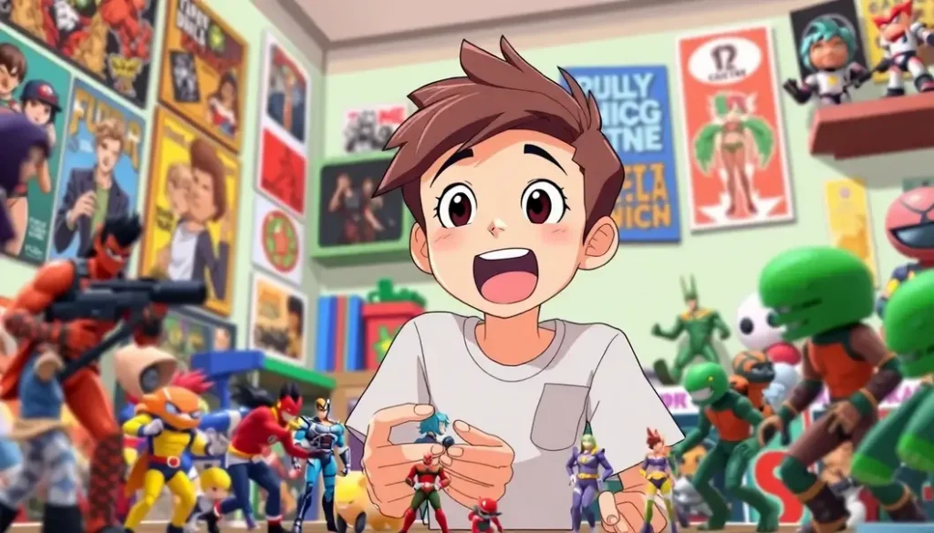 A teen excitedly examining various figures from different collections in a vibrant, decorated room.