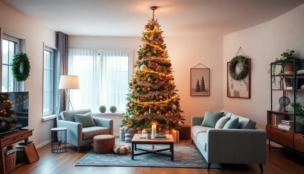 A holiday living room with a decorated tree, minimalist decorations, and warm lighting.