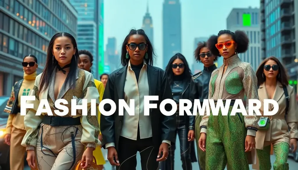 Models in a futuristic urban setting wearing innovative fashion designs.