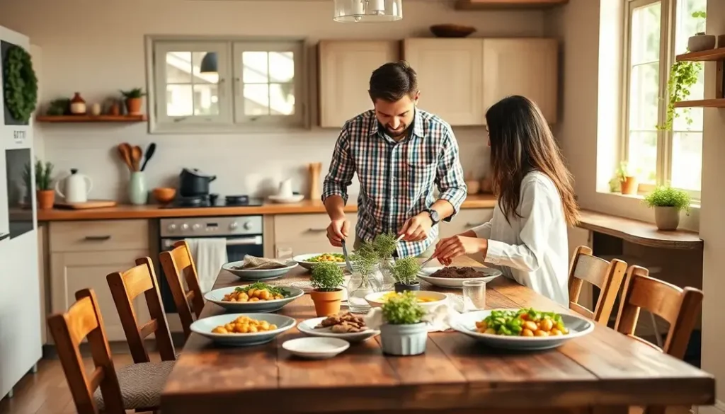 A warm and inviting kitchen scene with a table prepared for two, featuring home-cooked meals.