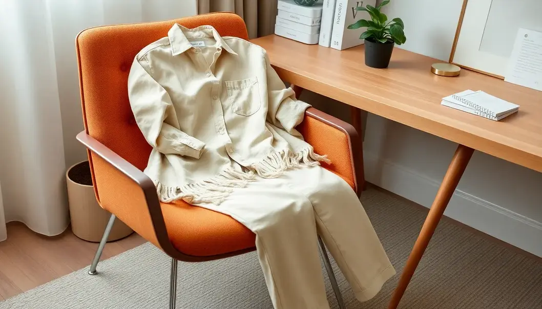 Neutral-toned home office outfit emphasizing natural textures and serene colors.