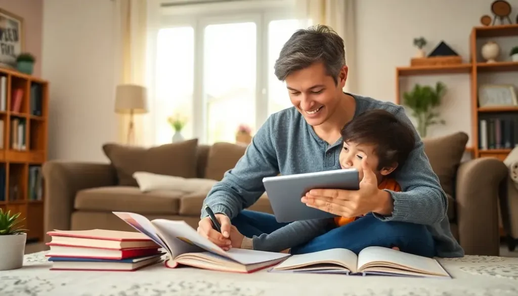 A parent encouraging a college student in a warm home setting.