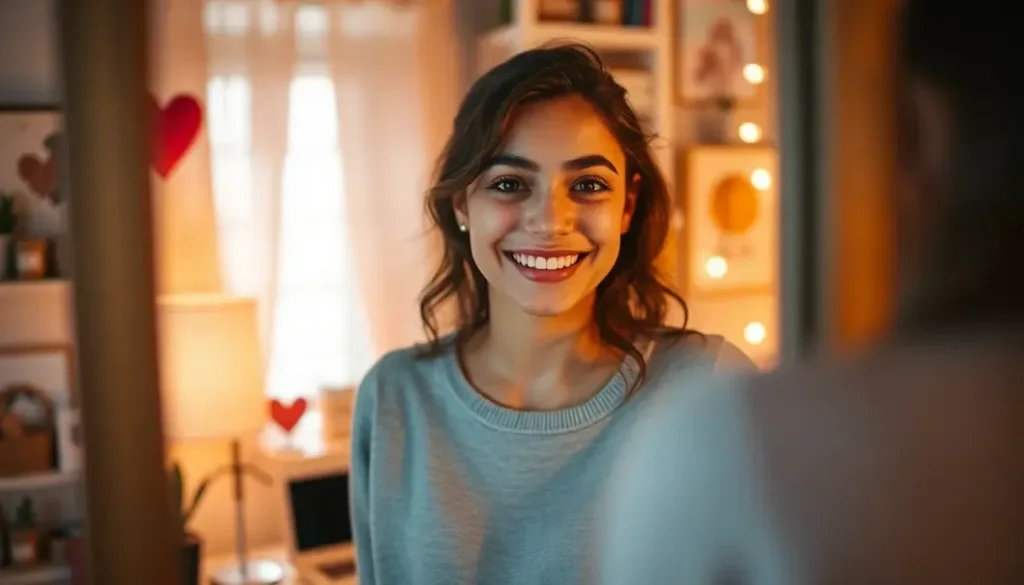 A person smiling into a mirror, surrounded by personal keepsakes, symbolizing self-love.