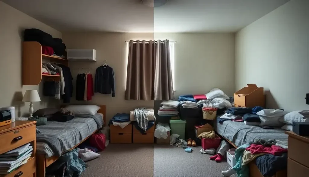 A dorm room visually split between tidy and chaotic living styles, illustrating roommate differences.