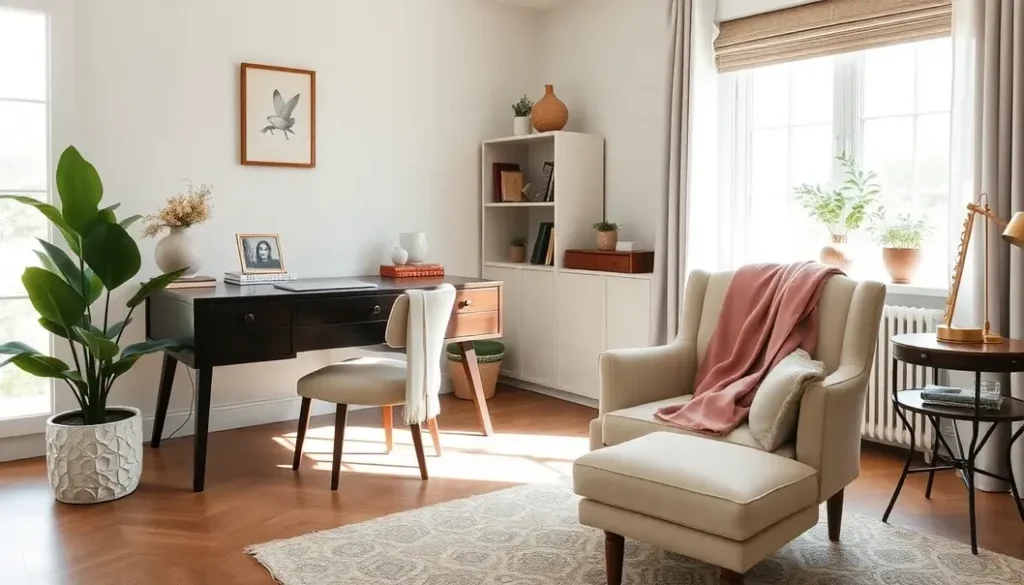 An elegant home workspace with a plush armchair and wooden desk, showcasing stylish work-from-home fashion.