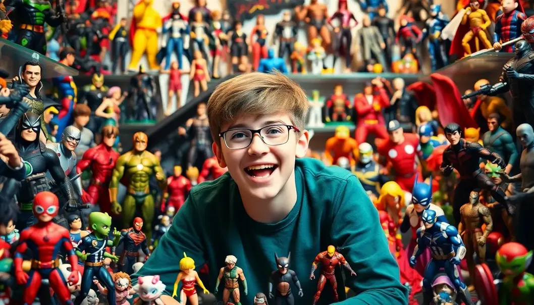 A teenager exploring diverse figure collections, from anime heroes to iconic movie characters.